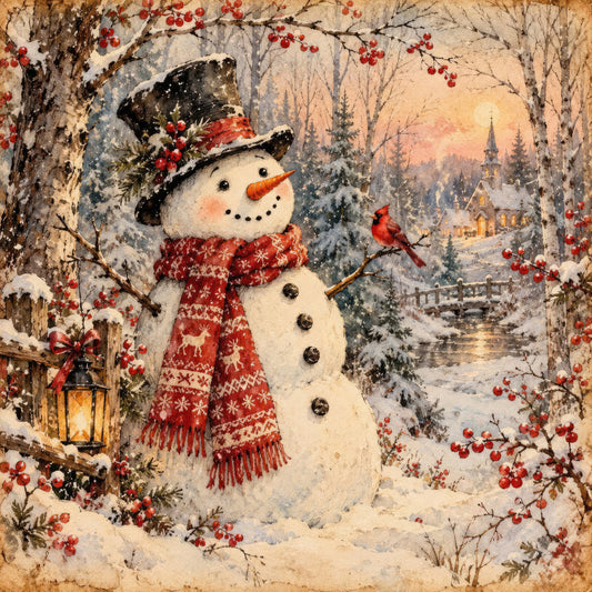 snowman, winter, christmas, holiday, red and white, cream, black, orange, vintage, nostalgic, traditional, whimsical, rustic, elegant, snow, berries, cardinal bird, forest, evergreen trees, church, lantern, scarf, top hat, winter landscape, seasonal, festive, decorative, nature, birds, winter village