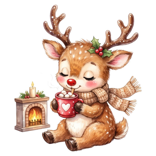 cute reindeer, christmas, holiday, festive, whimsical, children's, cocoa mug, hot chocolate, fireplace, cozy, warm brown, cream, red, holly berries, winter, rustic, playful, animals, character, decorative panel, seasonal, joy, cheerful, family-friendly, illustration style, vintage charm, sweet, nostalgic, scarf, heart motif
