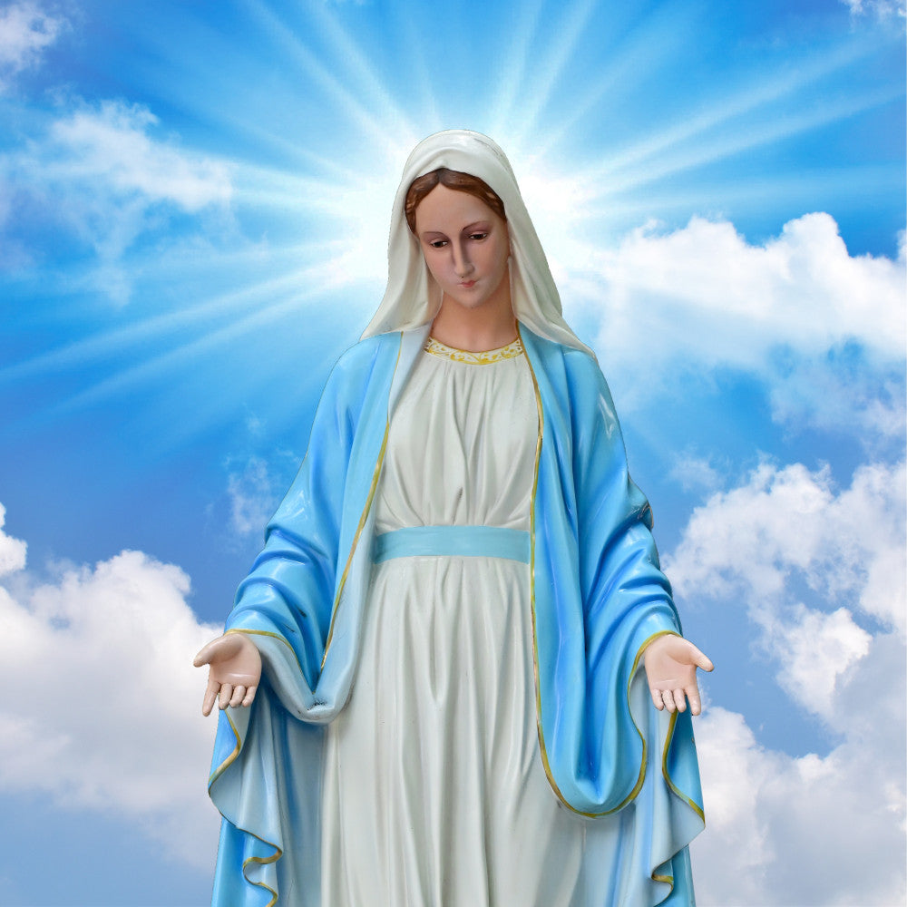 virgin mary, religious imagery, blue robes, white dress, heavenly clouds, bright sunburst, divine light, sacred figure, fabric panel, quilting cotton, spiritual theme, celestial background, sky blue, pure white, golden accents, serene expression, outstretched arms, holy mother, christian iconography, peaceful mood