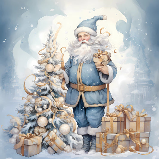 Light Blue and Gold Christmas Fabric Panel 36