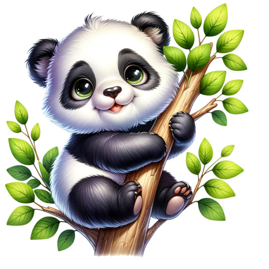 cute panda, baby panda, cartoon style, black and white, green leaves, bamboo tree, climbing panda, adorable expression, children's fabric, nursery panel, kawaii style, nature theme, forest animal, fabric panel, quilting cotton, bright green, soft pastels, playful design, animal illustration, kid-friendly