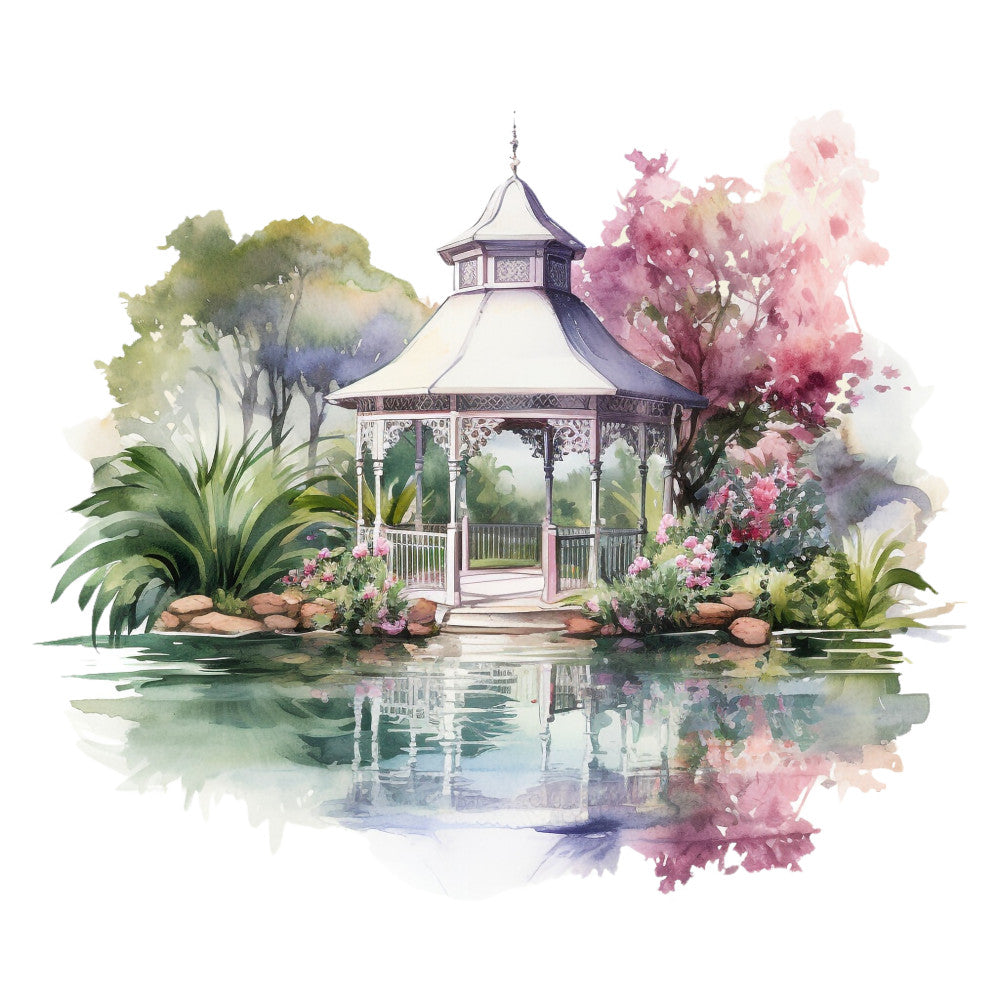 watercolor painting, gazebo structure, pond reflection, pink blossoms, purple flowers, green foliage, botanical garden, romantic scene, soft pastels, architectural detail, floral landscape, tranquil setting, fabric panel, cotton quilting, spring blooms, ornate pavilion, garden scene, delicate brushwork, nature motif, peaceful atmosphere