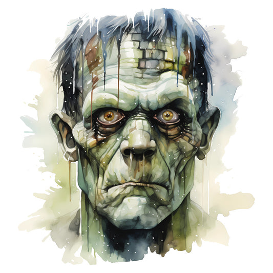 frankenstein, monster, halloween, horror, gothic, vintage horror, classic monster, supernatural, spooky, scary, pale green, olive green, sage green, mustard yellow, dark gray, charcoal, golden eyes, watercolor style, artistic, macabre, costume, monster face, character panel, autumn, october, trick or treat, haunted