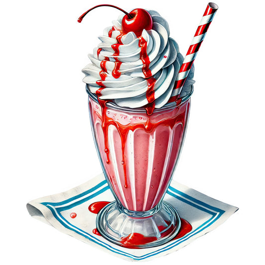 cherry red, cream white, vintage, retro, diner, ice cream sundae, whimsical, nostalgic, 1950s, dessert, sweet treats, cherry motif, red and white, striped straw, decorative napkin, americana, mid-century, classic, whipped cream, candy stripe, food illustration, summer, fun, playful, kitchen decor, diner aesthetic, old-fashioned, sweetshop, indulgent