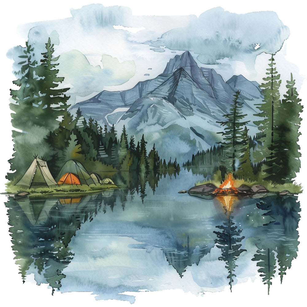 watercolor painting, mountain landscape, camping scene, forest trees, lake reflection, campfire, tent, evergreen trees, blue mountains, green foliage, cloudy sky, outdoor adventure, wilderness scene, fabric panel, quilting cotton, nature artwork, summer camping, peaceful lake, pine trees, rocky peaks
