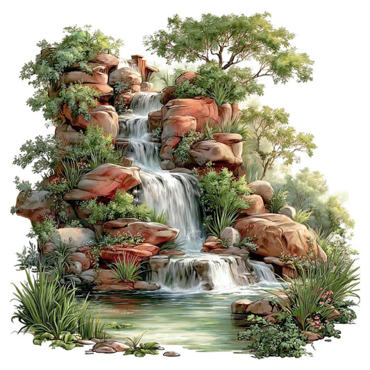 waterfall, landscape, nature, scenic, water feature, rocks, boulders, trees, foliage, green, sage green, cream, tan, rust, terracotta, earth tones, natural, botanical, plants, grass, stream, peaceful, tranquil, rustic, woodland, garden scene, outdoor, mountain, cascading water, flora