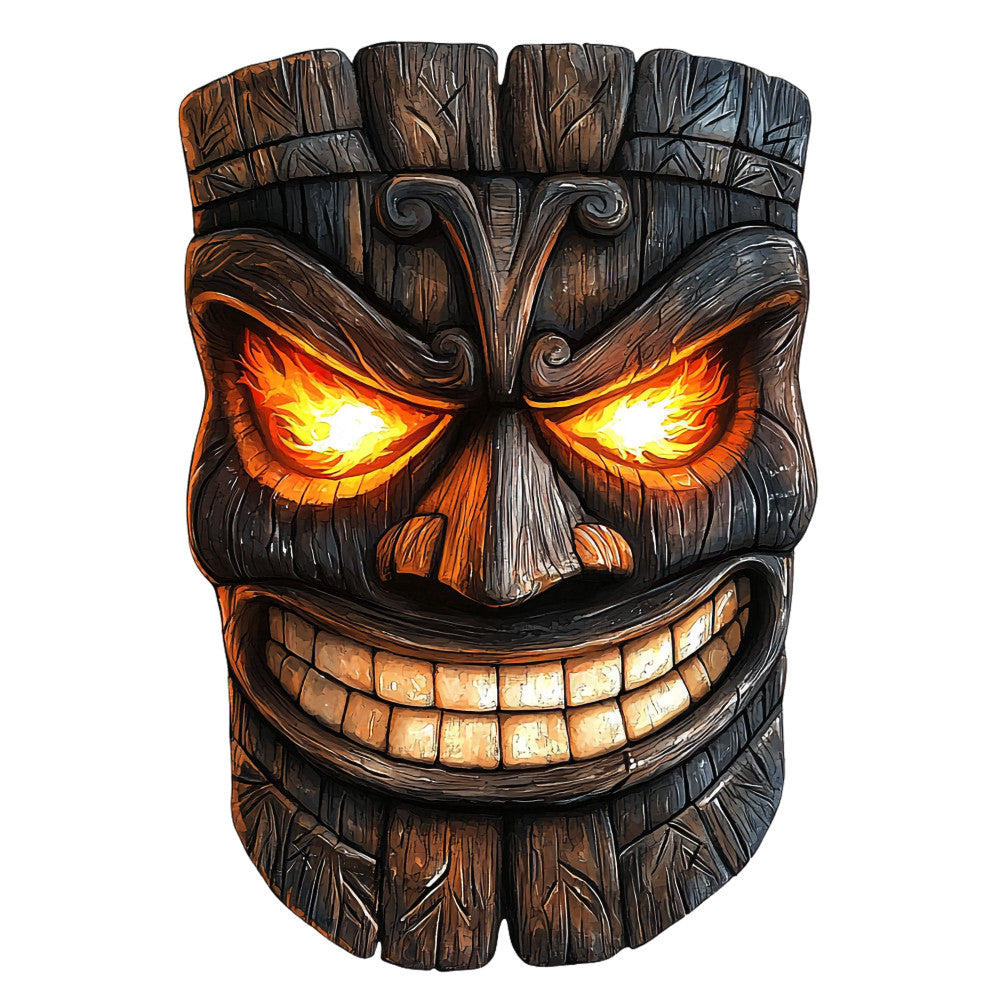 tiki mask, wooden carving, glowing eyes, orange flames, brown wood grain, dark charcoal, cream teeth, tribal art, polynesian design, hawaiian culture, fierce expression, fire glow, carved details, exotic motif, fabric panel, quilting cotton, tropical theme, spiritual mask, ancient deity, mystical face
