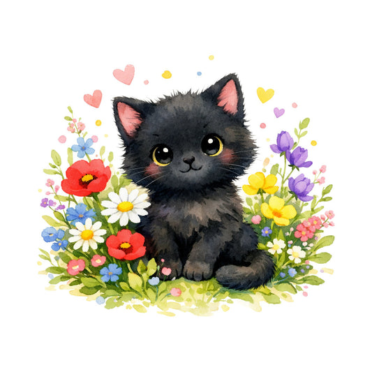black cat, golden yellow eyes, charcoal gray, coral pink, red poppies, white daisies, blue flowers, purple flowers, yellow flowers, hearts, floral, nature, whimsical, cute, animals, cats, spring, garden, colorful, cheerful, botanical, playful, sweet, decorative, panel quilt, wall hanging, baby quilt
