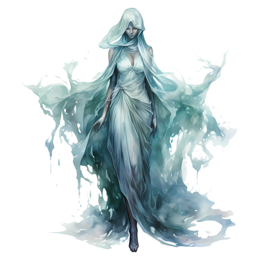 ethereal figure, ghostly woman, flowing gown, translucent fabric, misty effect, watercolor art, fantasy character, mystical spirit, ethereal beauty, ice blue, seafoam green, pale blue, teal, soft gray, smoky blue, wispy clouds, supernatural, magical, elegant, whimsical, fantasy art, celestial maiden, dreamy aesthetic, wall hanging, art panel, decorative panel, fantasy illustration, otherworldly, spectral, graceful pose