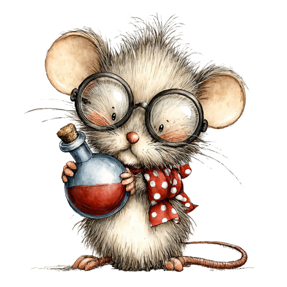 cute mouse, whimsical animal, glasses, science theme, chemistry potion, red bow, polka dot, cream white, tan beige, rust red, children's, storybook illustration, vintage style, playful character, holiday, christmas, festive, bow tie, laboratory, educational, quirky, adorable, kids fabric, nursery, baby quilt, wall hanging, character print, ink illustration, decorative motif