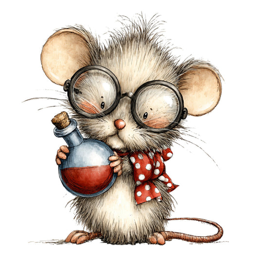 cute mouse, whimsical animal, glasses, science theme, chemistry potion, red bow, polka dot, cream white, tan beige, rust red, children's, storybook illustration, vintage style, playful character, holiday, christmas, festive, bow tie, laboratory, educational, quirky, adorable, kids fabric, nursery, baby quilt, wall hanging, character print, ink illustration, decorative motif