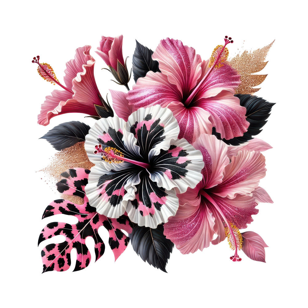 magenta pink, hot pink, dusty rose, white, black, gold glitter, hibiscus, floral, tropical, nature, leaves, botanical, modern, elegant, whimsical, glitter accents, contemporary, artistic, bold pattern, statement print, large scale flowers, vibrant, garden theme, decorative, artistic interpretation, multi-color, patterned leaves, decorative botanicals, artistic florals