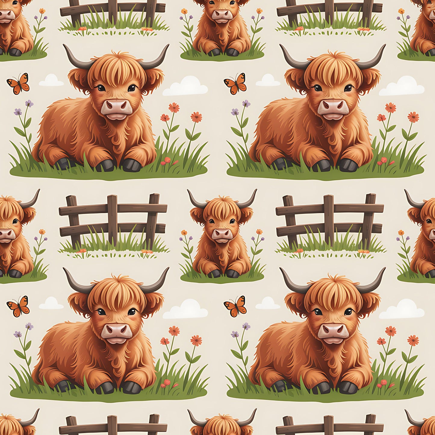 Cartoon Highland Cows Pattern 22 Quilting Cotton Fabric
