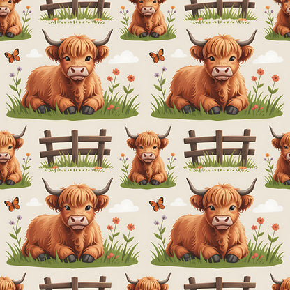 Cartoon Highland Cows Pattern 22 Quilting Cotton Fabric