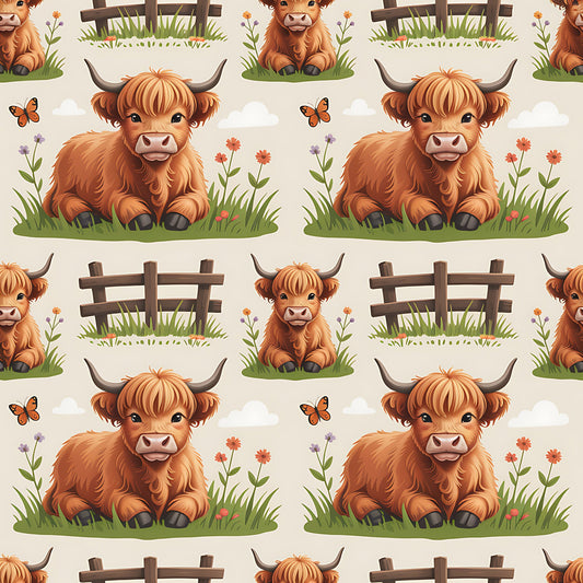 Cartoon Highland Cows Pattern 22 Quilting Cotton Fabric