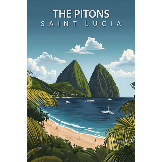 turquoise blue, emerald green, tropical paradise, mountain peaks, ocean waves, sandy beach, palm fronds, sailboats, white clouds, vintage poster style, scenic landscape, caribbean island, fabric panel, quilting cotton, travel theme, summer vacation, coastal scene, retro illustration, tropical getaway, serene mood