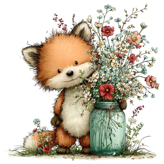 adorable animals, fox, woodland creatures, flowers, floral bouquet, daisies, cosmos, red flowers, cream white, sage green, rust orange, brown, vintage illustration, whimsical, sweet, charming, nature inspired, cottage core, farmhouse style, spring, summer, children, baby, nursery, storybook, botanical, garden flowers, jar vase, folk art, gentle