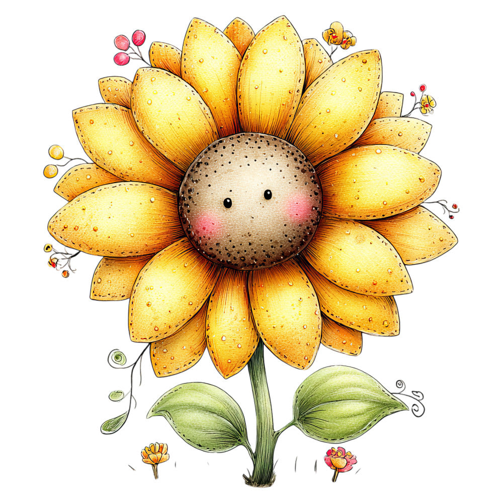golden yellow, cream, sage green, coral pink, sunflower, floral, whimsical, nature, botanical, spring, summer, smiling face, cute, children's fabric, baby quilt, wall hanging, playful, illustration style, hand-drawn, berries, leaves, stem, garden theme, cheerful, bright, decorative, nursery, character fabric, artistic