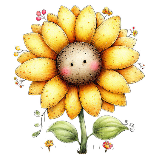 golden yellow, cream, sage green, coral pink, sunflower, floral, whimsical, nature, botanical, spring, summer, smiling face, cute, children's fabric, baby quilt, wall hanging, playful, illustration style, hand-drawn, berries, leaves, stem, garden theme, cheerful, bright, decorative, nursery, character fabric, artistic