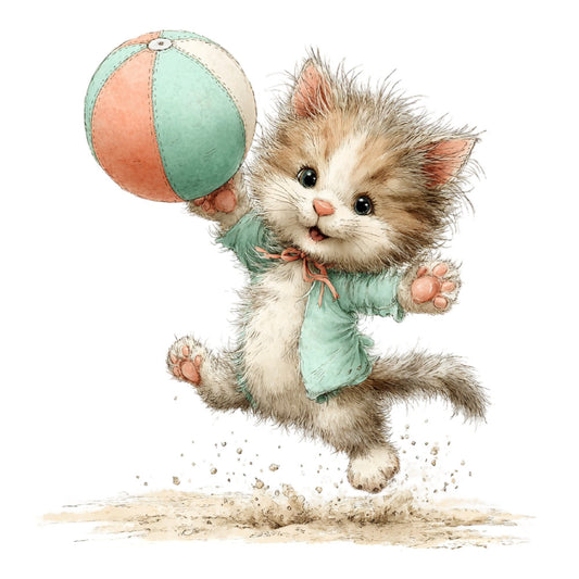 playful kitten, cute cat, beach ball, mint green, coral pink, cream, soft pastels, whimsical, children's, animal theme, cat illustration, jumping kitten, playful animals, baby fabric, nursery, spring, summer, cheerful, sweet, adorable, fluffy fur, paw prints, vintage illustration, storybook style, whimsical animals, charming, gentle, soft colors, children's clothing, baby quilt