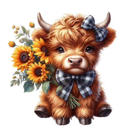 Rustic Sunflower Highland Cows Fabric Panel 12