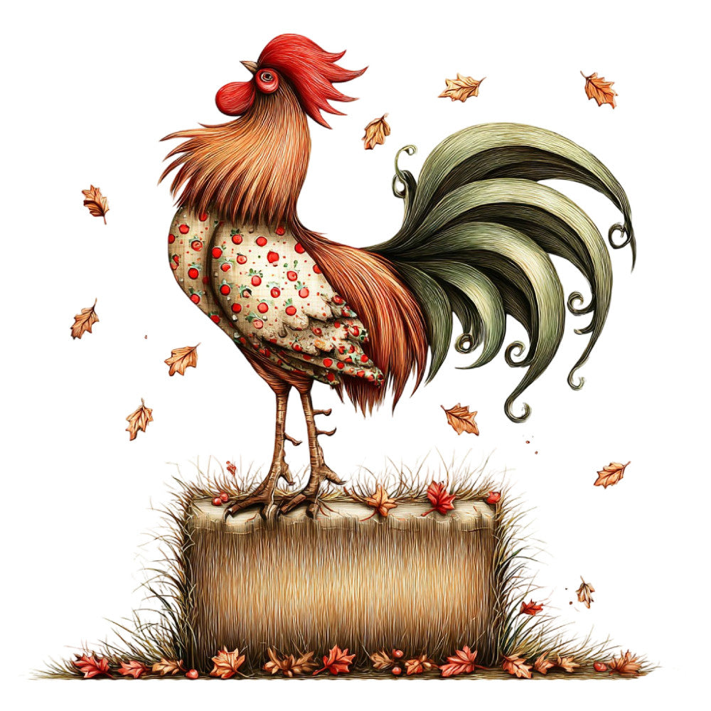 rooster, autumn, fall, harvest, farmhouse, rustic, whimsical, red, cream, olive green, sage green, bronze, burnt orange, apples, leaves, oak leaves, straw, hay bale, countryside, farm animals, poultry, traditional, folk art, vintage, nature, seasonal, decorative pillow, wall hanging, table runner, home decor