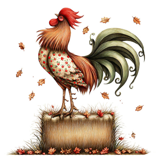 rooster, autumn, fall, harvest, farmhouse, rustic, whimsical, red, cream, olive green, sage green, bronze, burnt orange, apples, leaves, oak leaves, straw, hay bale, countryside, farm animals, poultry, traditional, folk art, vintage, nature, seasonal, decorative pillow, wall hanging, table runner, home decor
