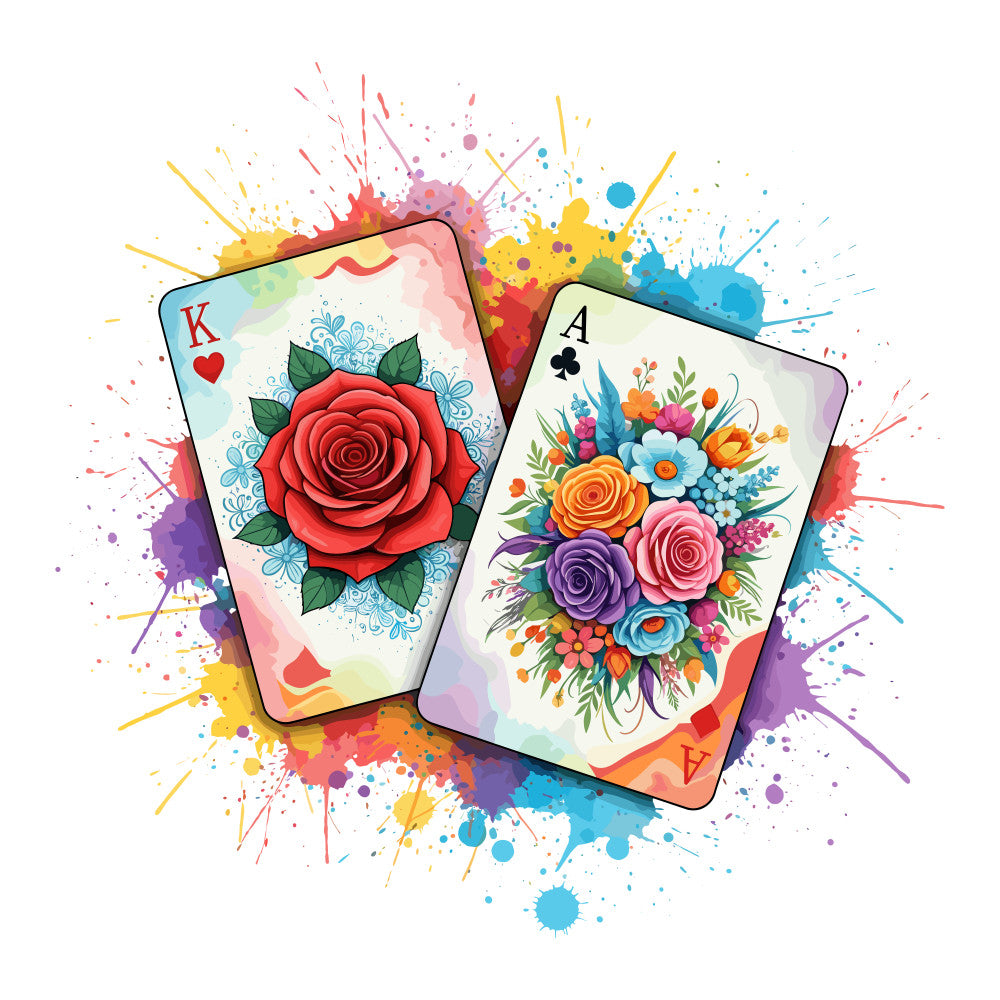 playing cards, floral design, watercolor splashes, red roses, purple flowers, yellow blooms, blue flowers, king of hearts, ace of clubs, paint splatters, botanical illustration, vibrant colors, quilting panel, cotton fabric, gaming theme, multicolor artwork, decorative florals, card motifs, artistic style, fabric panel