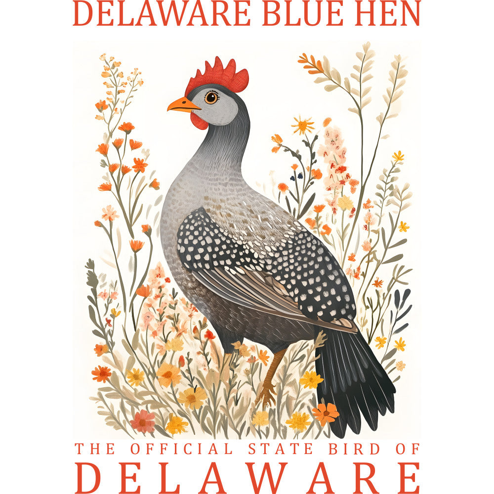 delaware blue hen, state bird, chicken, rooster, red comb, gray feathers, white spots, botanical illustration, wildflowers, orange flowers, yellow blooms, autumn colors, fabric panel, quilting cotton, nature design, floral background, bird portrait, educational poster, warm tones, detailed artwork