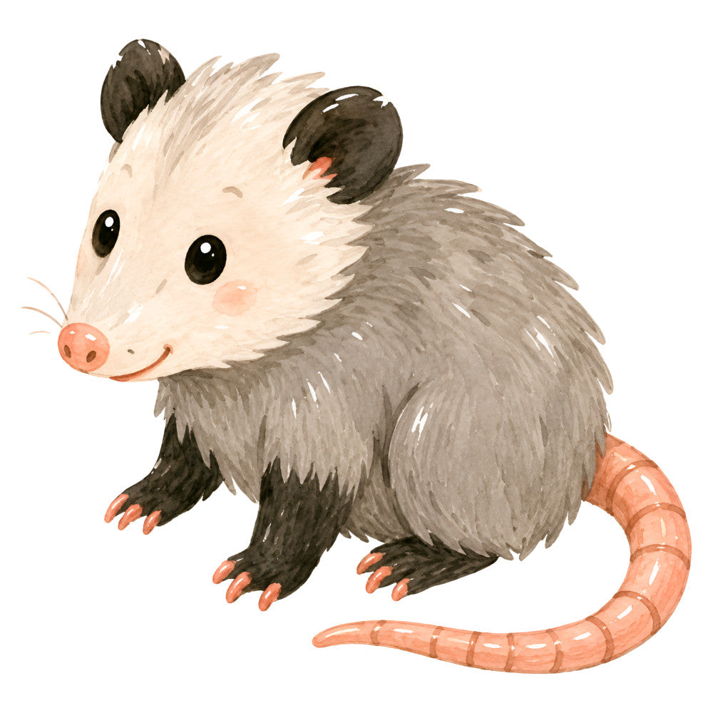 opossum, possum, woodland animals, cute animals, nature, whimsical, children's, baby, cream, off-white, gray, grey, coral, orange, black, neutral tones, animal illustration, forest creatures, playful, gentle, soft, kids fabric, nursery, storybook style, charming, friendly, sweet, adorable animals, detailed illustration