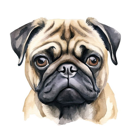 Watercolor Pug Fabric Panel 13 features a detailed hand-painted pug face on premium quilting cotton.