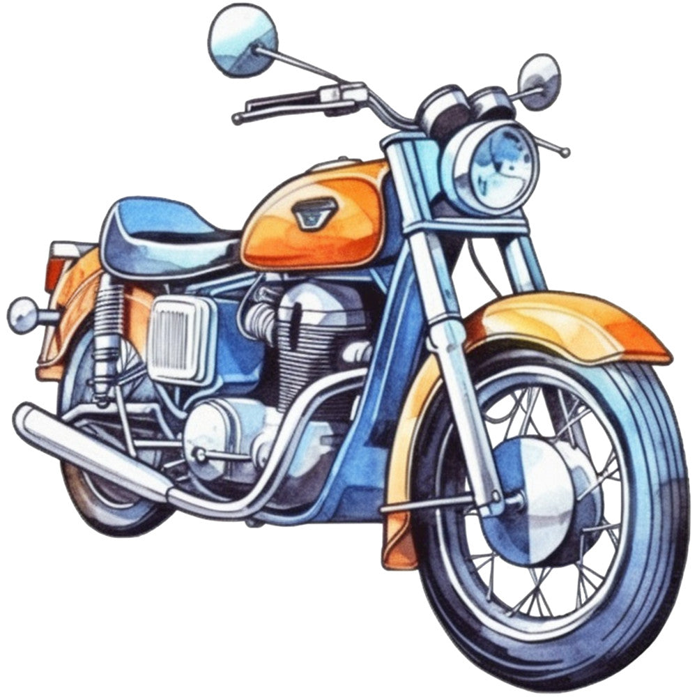 orange, blue, vintage motorcycle, retro bike, chrome details, spoke wheels, round headlight, exhaust pipe, fabric panel, quilting cotton, transportation theme, mechanical design, nostalgic style, craft project, sewing material, detailed illustration, automotive art, bike enthusiast, patchwork square