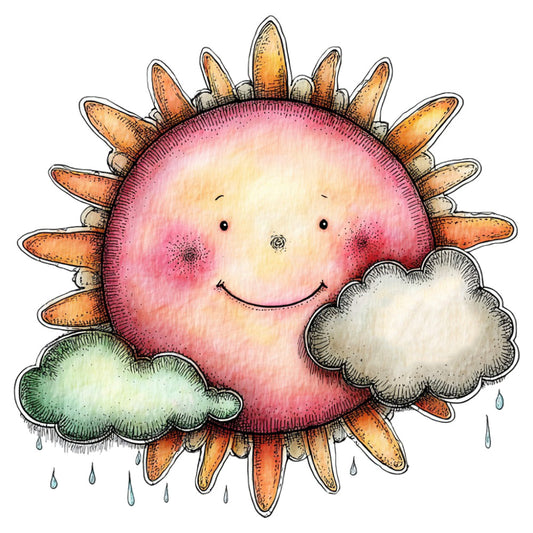 happy sun, smiling sun face, whimsical sun, cute sun, pink sun, coral pink, golden yellow, soft yellow, sage green, pale green, off-white clouds, raindrop details, sun rays, celestial theme, weather theme, nature motif, cheerful design, playful style, whimsical character, nursery, children's fabric, baby theme, spring theme, summer theme, friendly face, character design, gender neutral, uplifting, joyful, decorative panel