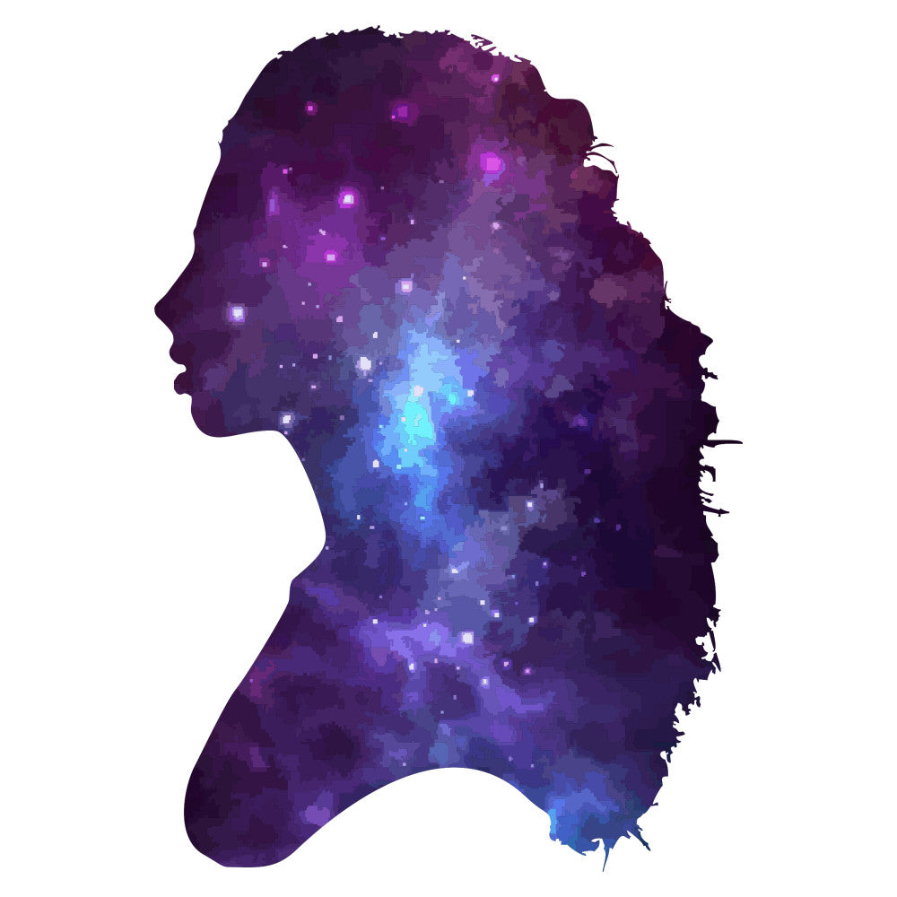 deep purple, royal blue, cyan blue, magenta, cosmic, galaxy, starry, abstract, watercolor, ombre, celestial, night sky, silhouette, modern, artistic, bohemian, spiritual, mystical, meditation, profile portrait, glowing lights, sparkles, dreamy, contemporary, ethereal, indie, artistic expression, metaphysical, transcendent
