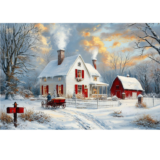 winter scene, snow, farmhouse, red barn, white house, country cottage, rural landscape, Christmas, holiday, vintage, nostalgic, pastoral, American countryside, winter landscape, red shutters, brick chimneys, white picket fence, horse-drawn wagon, mailbox, bare trees, golden sky, cream white, deep red, blue sky, traditional, seasonal, winter holiday, festive, rustic americana, country living