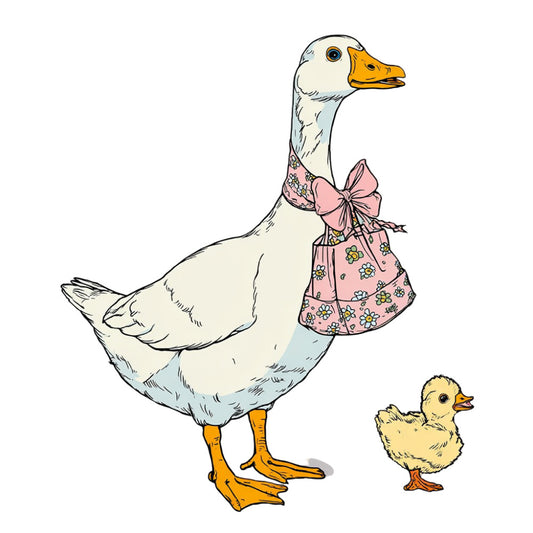 goose, duck, farmhouse, animals, floral, pink, cream, white, gold, yellow, pastel, whimsical, vintage, cottage core, spring, summer, children's, baby, sweet, decorative bow, poultry, country, rural, mother and baby, nurturing, gentle, traditional, cute, cheerful