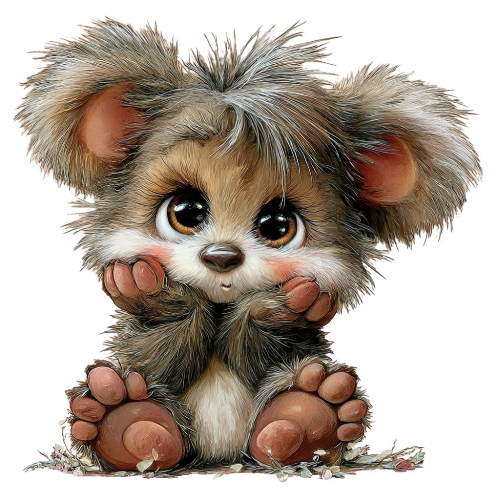 cute animal, fluffy puppy, dog face, brown and white, tan and cream, rust red, golden eyes, big eyes, whimsical, playful, children's, baby, nursery, adorable character, cartoon style, realistic illustration, paws, sitting puppy, gentle expression, soft fur texture, woodland creature, animal portrait, kids fabric, toddler friendly, sweet character design