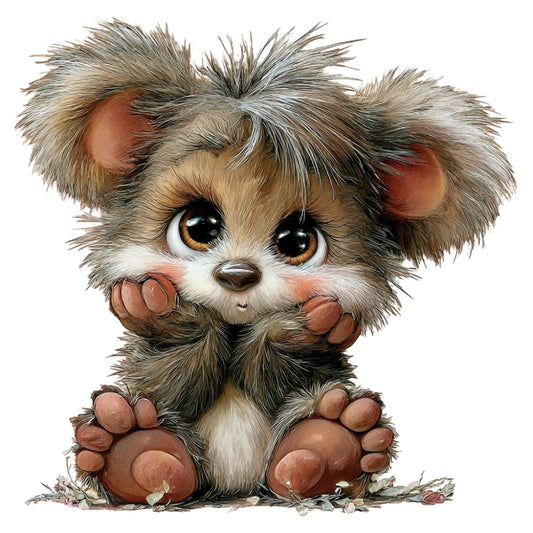 cute animal, fluffy puppy, dog face, brown and white, tan and cream, rust red, golden eyes, big eyes, whimsical, playful, children's, baby, nursery, adorable character, cartoon style, realistic illustration, paws, sitting puppy, gentle expression, soft fur texture, woodland creature, animal portrait, kids fabric, toddler friendly, sweet character design