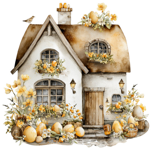 cream cottage, yellow flowers, easter eggs, spring, farmhouse, vintage, whimsical, rustic, cottage core, daffodils, bird, thatched roof, cream white, golden yellow, butter yellow, soft yellow, nature, pastoral, countryside, traditional, easter, spring flowers, decorative panel, wall hanging, easter theme, small birds, floral, botanical, charming, quaint