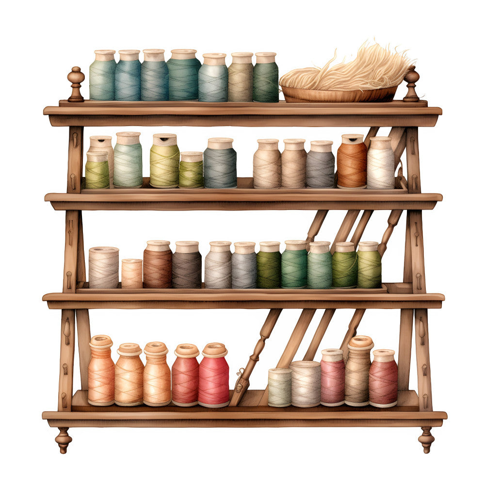 thread spools, vintage sewing, craft room, sewing room decor, rustic farmhouse, wooden shelves, storage organization, cottage core, embroidery thread, sewing notions, sage green, cream, tan, rust orange, coral pink, dusty rose, forest green, charcoal gray, traditional, vintage aesthetic, handmade, crafty, sewing supplies, needle and thread, domestic, home and hobby, retro craft, nostalgic, timeless