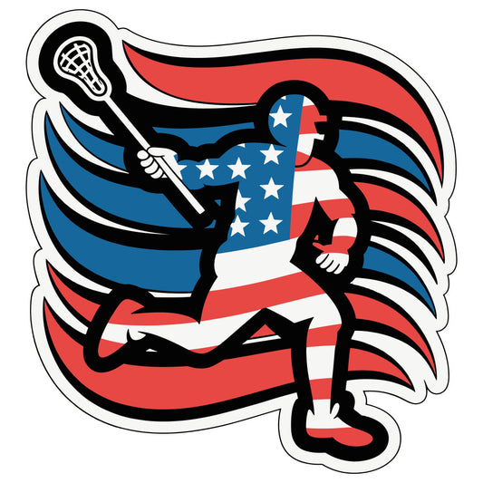 patriotic, american flag, lacrosse player, sports, red white and blue, navy blue, white, red, stars and stripes, athletic, youth sports, team spirit, americana, action pose, dynamic, modern, bold, graphic, kids, children, boys, girls, summer, casual wear, wall hanging, sports themed, lacrosse stick, energetic, vibrant