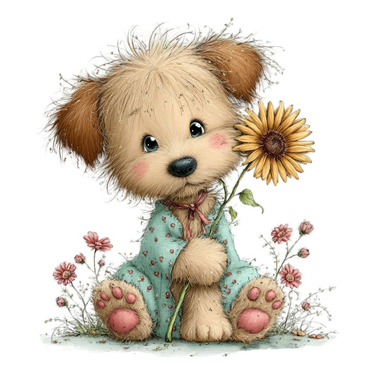 cute puppy, fluffy dog, teddy bear style, mint green, cream, tan, brown, dusty rose, coral pink, sunflower, daisy, floral, animals, whimsical, children's, baby, sweet, adorable, playful, nature, spring, summer, botanical, paws, petal, garden, innocent, charming, vintage inspired, storybook