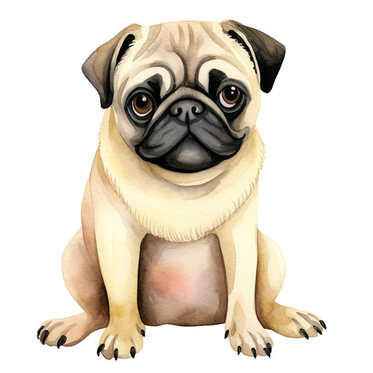 Watercolor Pug Fabric Panel 19 featuring a detailed, hand-painted pug illustration on premium quilting cotton fabric panel.