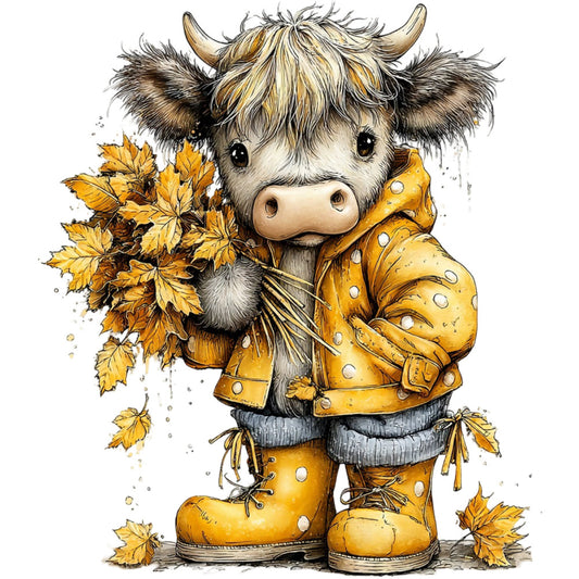 autumn, fall, highland cattle, highland cow, yak, animal, cream, golden yellow, mustard yellow, tan, brown, black, whimsical, cute, adorable, rustic, farmhouse, nature, woodland, boots, leaves, seasonal, autumn leaves, sweater, cozy, charming, folk art, illustrated, storybook, children's