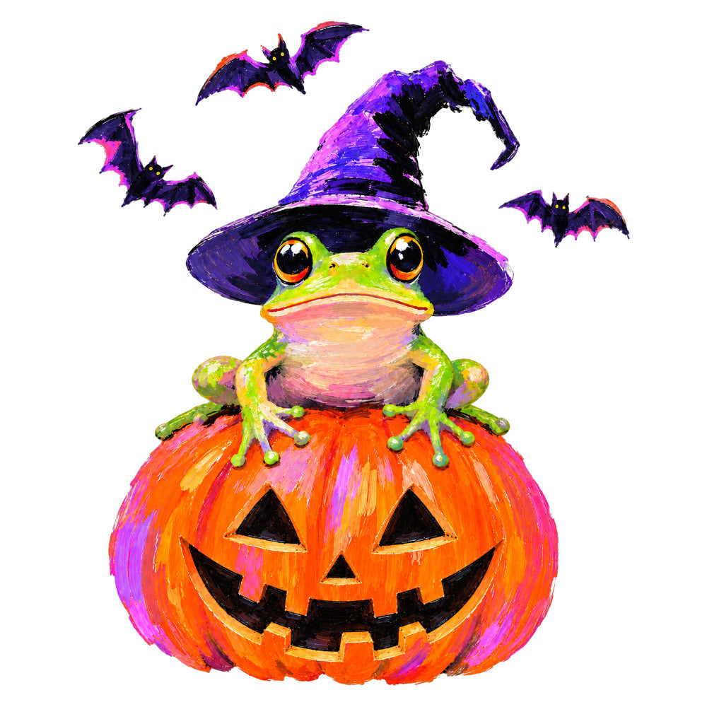 halloween witch frog, pumpkin jack-o-lantern, purple witch hat, orange pumpkin, lime green frog, pink belly frog, bats, spooky, halloween theme, autumn, fall, whimsical, playful, festive, bright colors, vibrant, trick-or-treat, magical, witchy, children's halloween, holiday decoration, wall hanging, panel quilt, novelty print, animal motif, costume theme