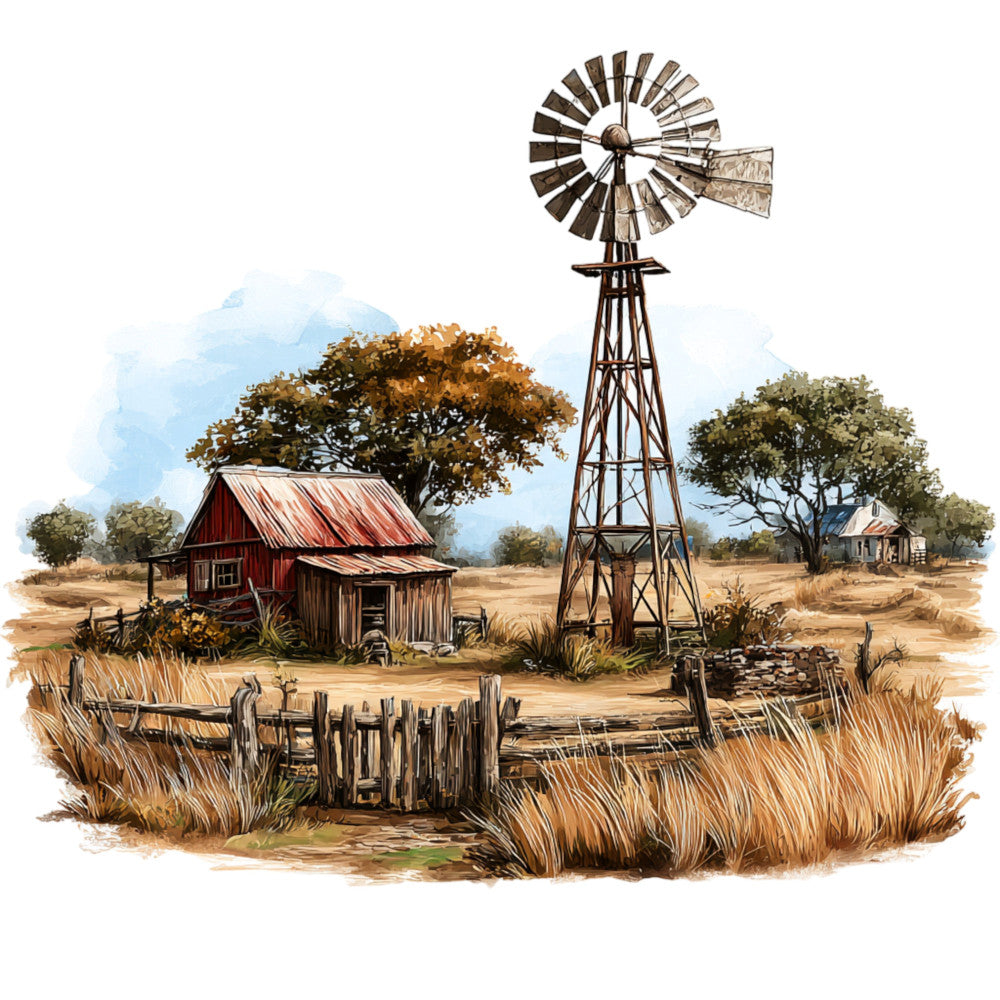 windmill, barn, rustic farmhouse, western, countryside, rural, homestead, red barn, wooden fence, dry grass, golden brown, tan, rust red, dusty blue, vintage, americana, farm scene, landscape, pastoral, nostalgic, country living, ranch, pioneer, weathered wood, traditional, autumn, harvest, texas, great plains, western decor
