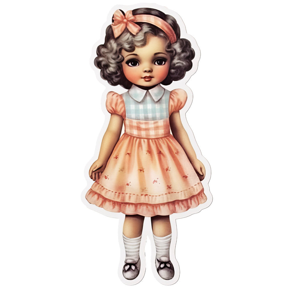 vintage doll, retro girl, 1950s style, nostalgic, peach, coral pink, blush pink, pale blue, cream, soft pastels, doll dress, checkered, gingham, floral print, puffed sleeves, peter pan collar, mary jane shoes, striped socks, whimsical, sweet, charming, children's design, nursery decor, baby girl, classic, traditional, storybook, illustrated, character panel, adorable
