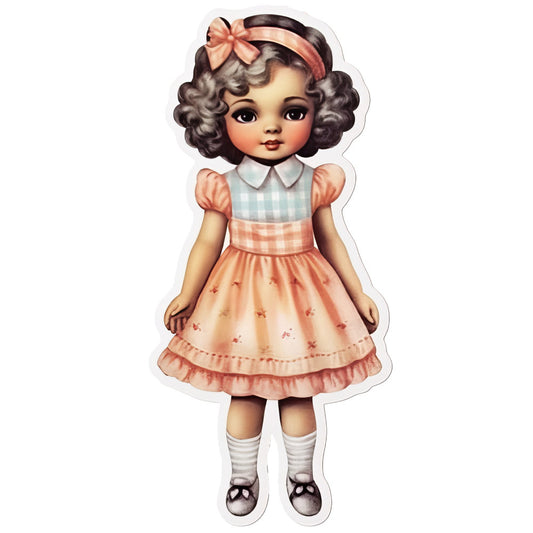 vintage doll, retro girl, 1950s style, nostalgic, peach, coral pink, blush pink, pale blue, cream, soft pastels, doll dress, checkered, gingham, floral print, puffed sleeves, peter pan collar, mary jane shoes, striped socks, whimsical, sweet, charming, children's design, nursery decor, baby girl, classic, traditional, storybook, illustrated, character panel, adorable