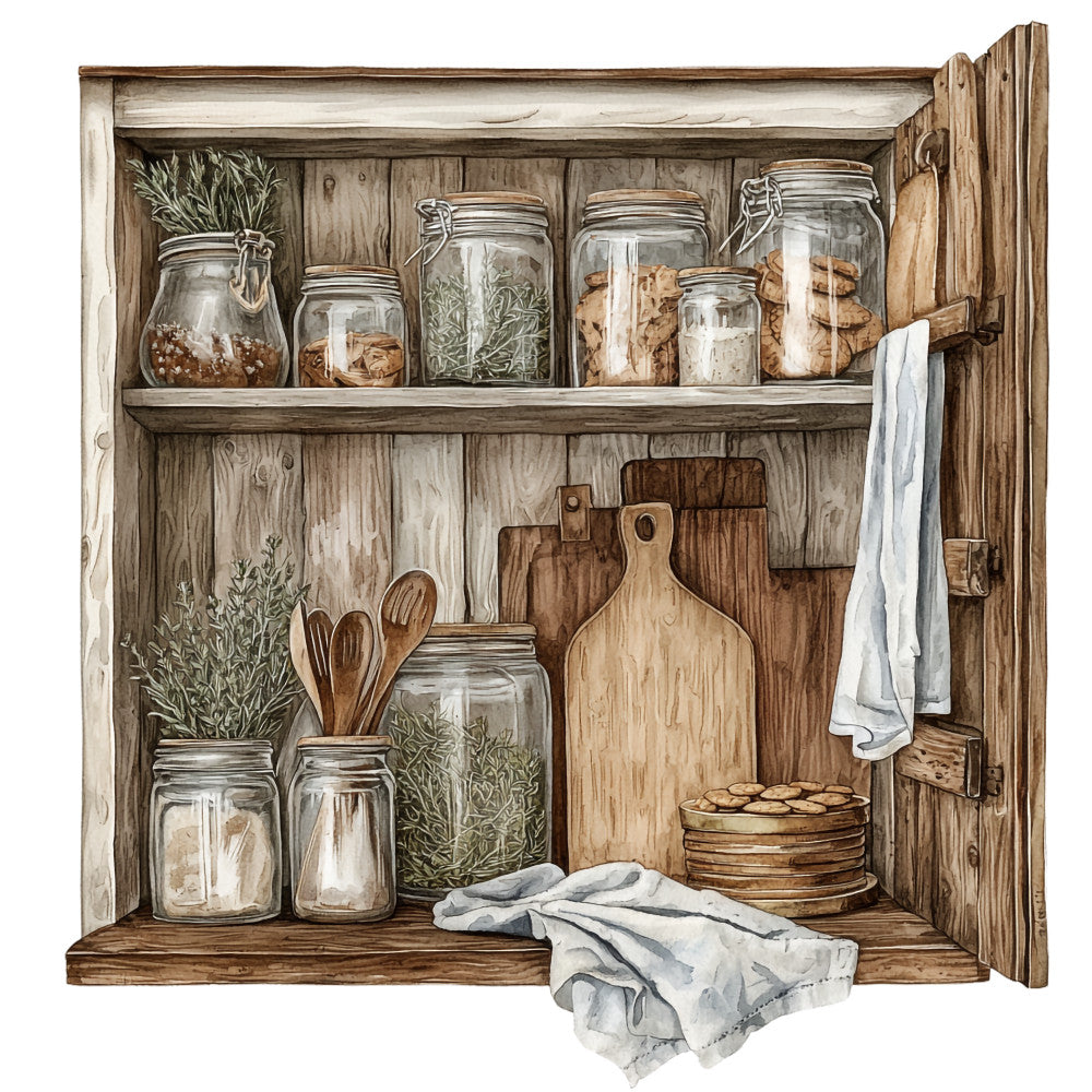 fabric panel, country kitchen, rustic shelving, mason jars, wooden shelves, herbs, cooking utensils, cutting boards, linen towels, farmhouse style, neutral tones, brown wood grain, glass containers, kitchen storage, cottage core, vintage inspired, quilting cotton, cozy kitchen, pantry scene, watercolor style