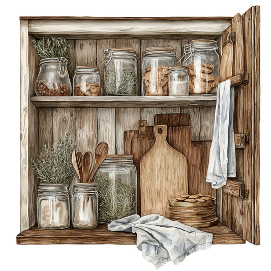 fabric panel, country kitchen, rustic shelving, mason jars, wooden shelves, herbs, cooking utensils, cutting boards, linen towels, farmhouse style, neutral tones, brown wood grain, glass containers, kitchen storage, cottage core, vintage inspired, quilting cotton, cozy kitchen, pantry scene, watercolor style